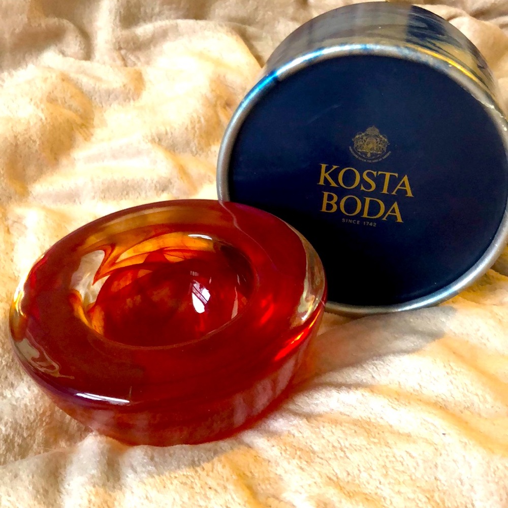 Kosta Boda Swedish orange glass “atoll” votive tea light candle holder
